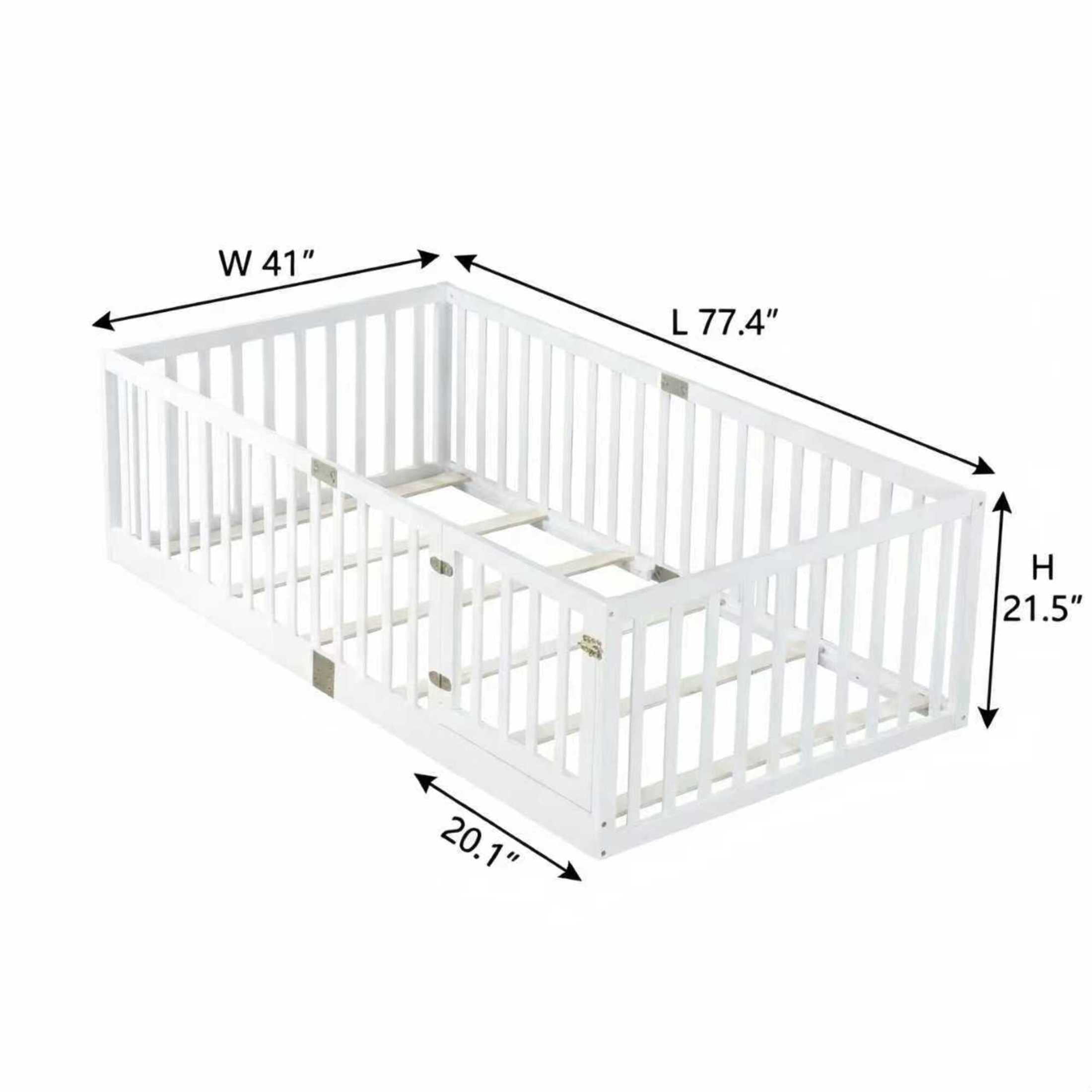 Noble House Alista Twin Size Rubber Wooden Floor Bed with High Safety Fence Guardrails and Door, White