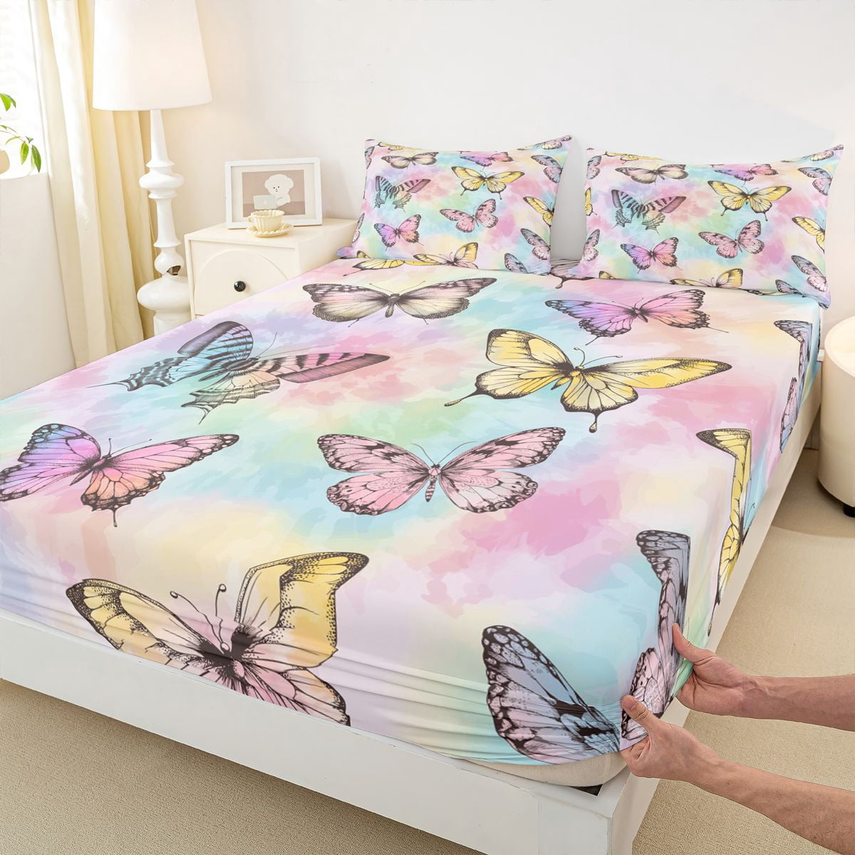 Homewish Colorful Cute Butterfly Twin Sheet Sets,Watercolor Tie Dye Twin Fitted Sheet,Rainbow Ombre Flat Sheet For Girls Teens,Luxury Bedroom Decor,3-Piece