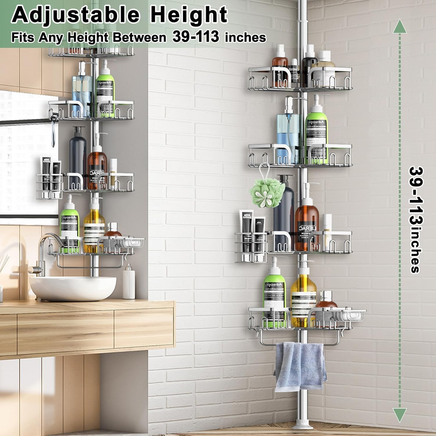Corner Shower Caddy Tension Pole 4 Tier Adjustable Stainless Steel Shower Shelf for Inside Shower Bathtub Shampoo,Standing Bathroom Organizer Shelves with 39 to 113 inch Height