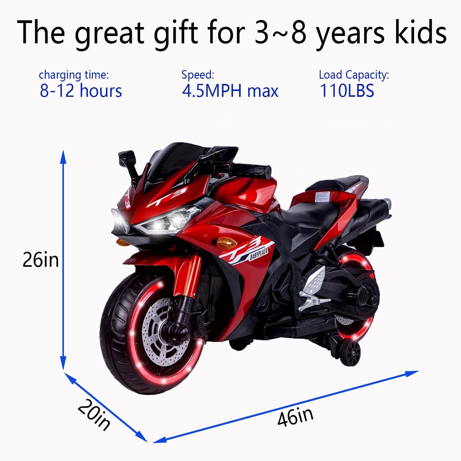 HNH 12V Ride on Motorcycle for Kids 3-8, Powered Ride on Toys, Kids Motorcycle with Bluetooth, Music, 4 Mph