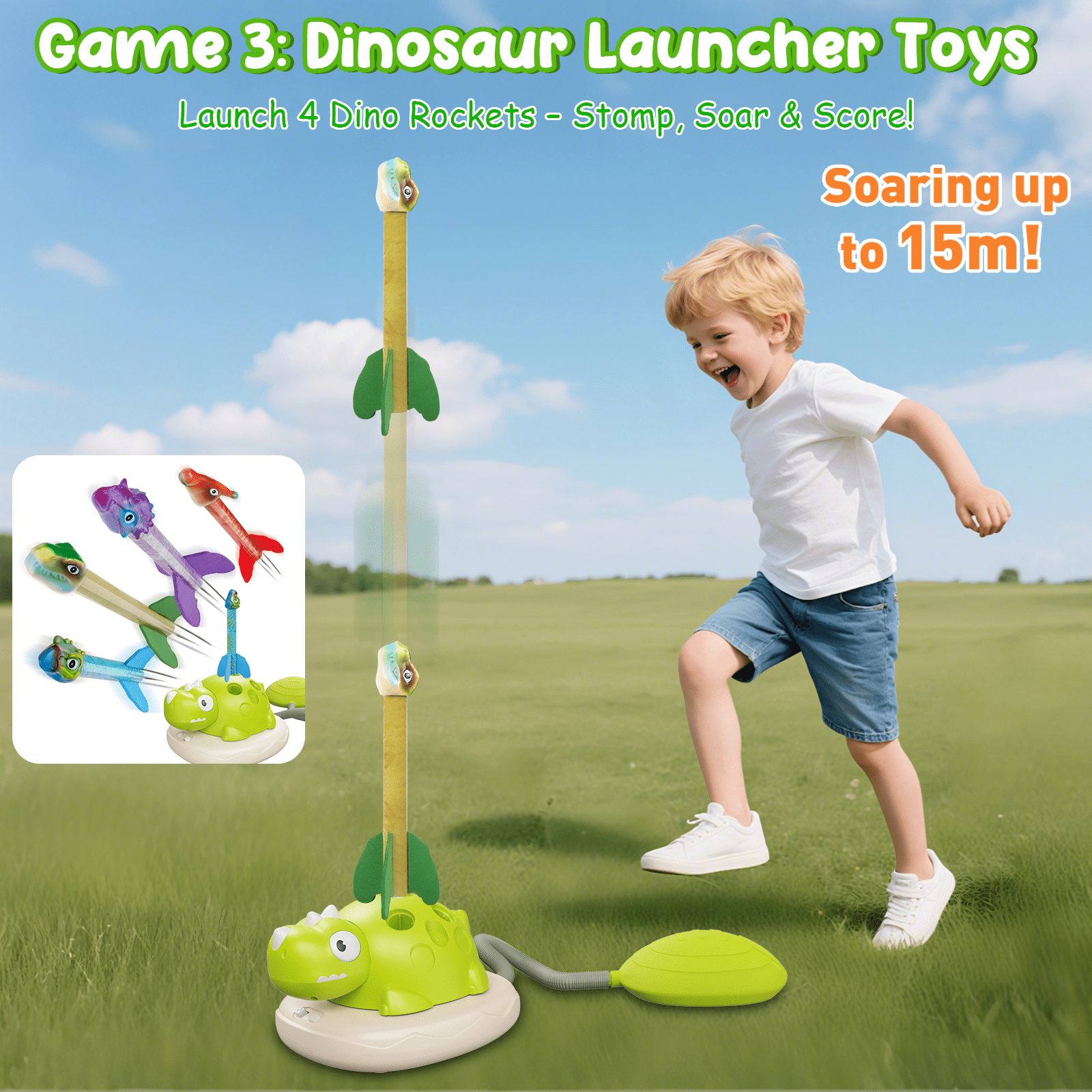 iFLOVE 3 in 1 Outdoor Toys for Kids - Rocket Game / Rope Jump Machine / Ring Toss Game, Garden Sports Toys for Boys Girls Ages 3 and up Birthday Gift