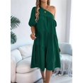 thumbnail image 6 of Women One Shoulder Beach Vacation Casual Puff Sleeve Tiered A Line Flowy Sun Dress Green M, 6 of 9