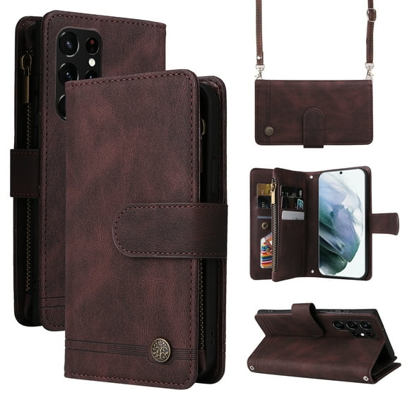for Samsung Galaxy S23 Ultra 6.8 inch Wallet Case for Women Men, PU Leather Soft TPU Hand Strap Crossbody Shoulder Strap Zipper Cash Pocket Card Slots Kickstand Case for S23 Ultra,Brown