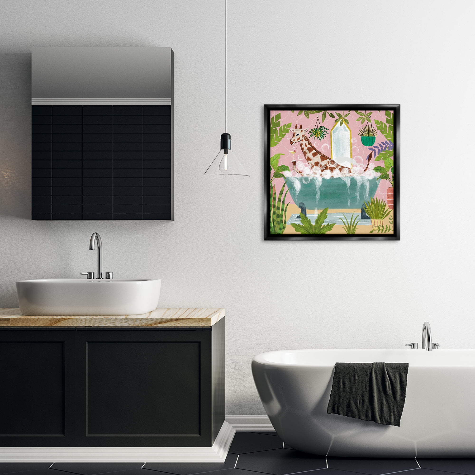 Stupell Industries Giraffe Fun Bath Time Typography Painting Black Floater Framed Canvas Art Print Wall Art, 25 x 25