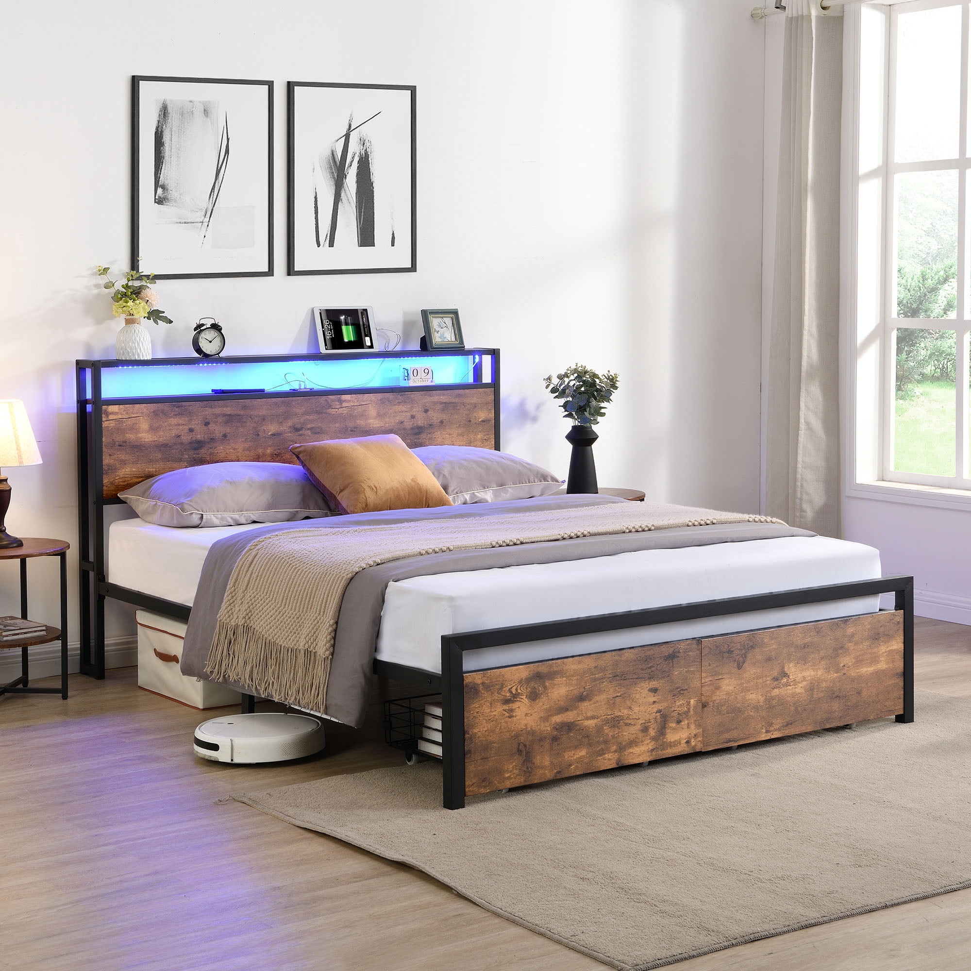Omniberg Queen Size Bed Frame with LED Lights Storage Headboard, Footboard & Charging Station, Noise-Free Haevy Duty Metal Platform Bed with 2 Storage Drawers, Easy Assembly, No Box Spring Needed