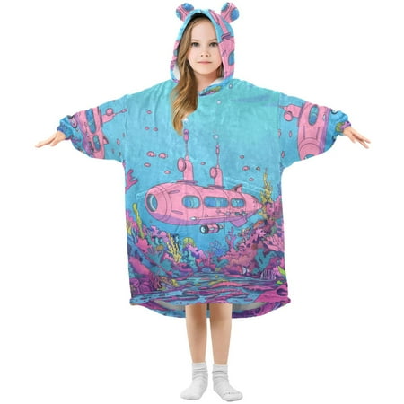 

joogoo Wearable Blanket Hoodie for Kids Submarines and Coral Flannel Oversized Sweatshirt 3-14 Years S