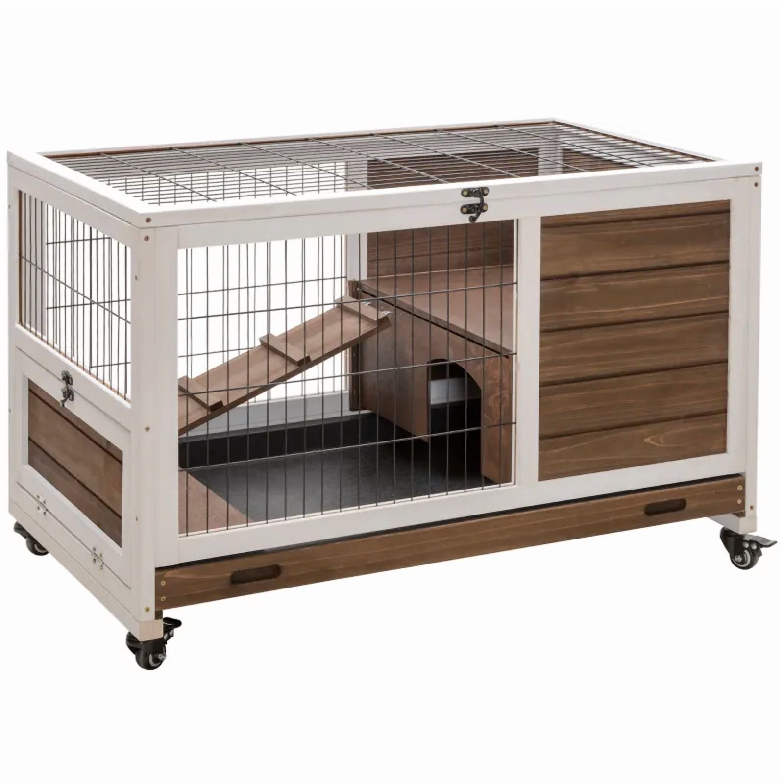 Fir Wood Rabbit Hutch Cage with Wheels, 2-Story Ramp, Removable Tray - Indoor Small Animal Home - Brown, 90x53x59cm (35.4x20.9x23.2in)
