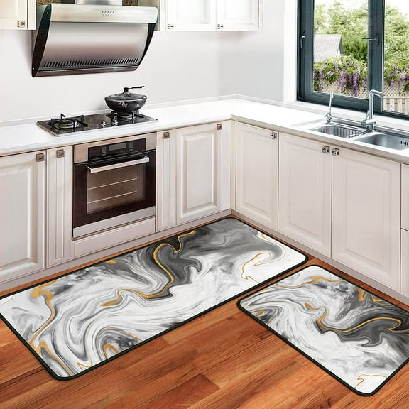 Kitchen Rugs and Mats Non Skid Washable, White Marble Kitchen Rug Mat Set of [2 PCS], Comfort Soft Kitchen Floor Mat for Floor Home, Office, Sink, Laundry (17"x47" 17"x30")