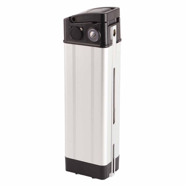 Battery Box for electric bicycles, featuring a durable aluminum alloy and plastic construction. Designed for 36V/48V lithium batteries, it includes a charging socket and output port. Ideal for electric bikes and folding electric vehicles. Dimensions: 370x110x76mm.