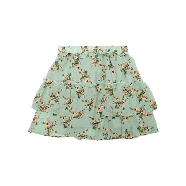 Allegra K Minifalda Floral Tipo Patinadora Con Cintura Elástica Y Dobladillo Con Volantes En Capas Para Mujer Verde XL