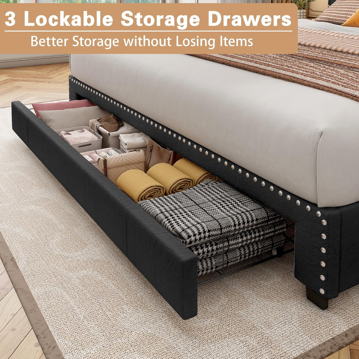 Pipleo Full Size Bed Frame with headboard, Full Bed Frame with 3 Drawers, Velvet Upholstered Platform Bed Frame with Storage, LED Lights and Charging Station