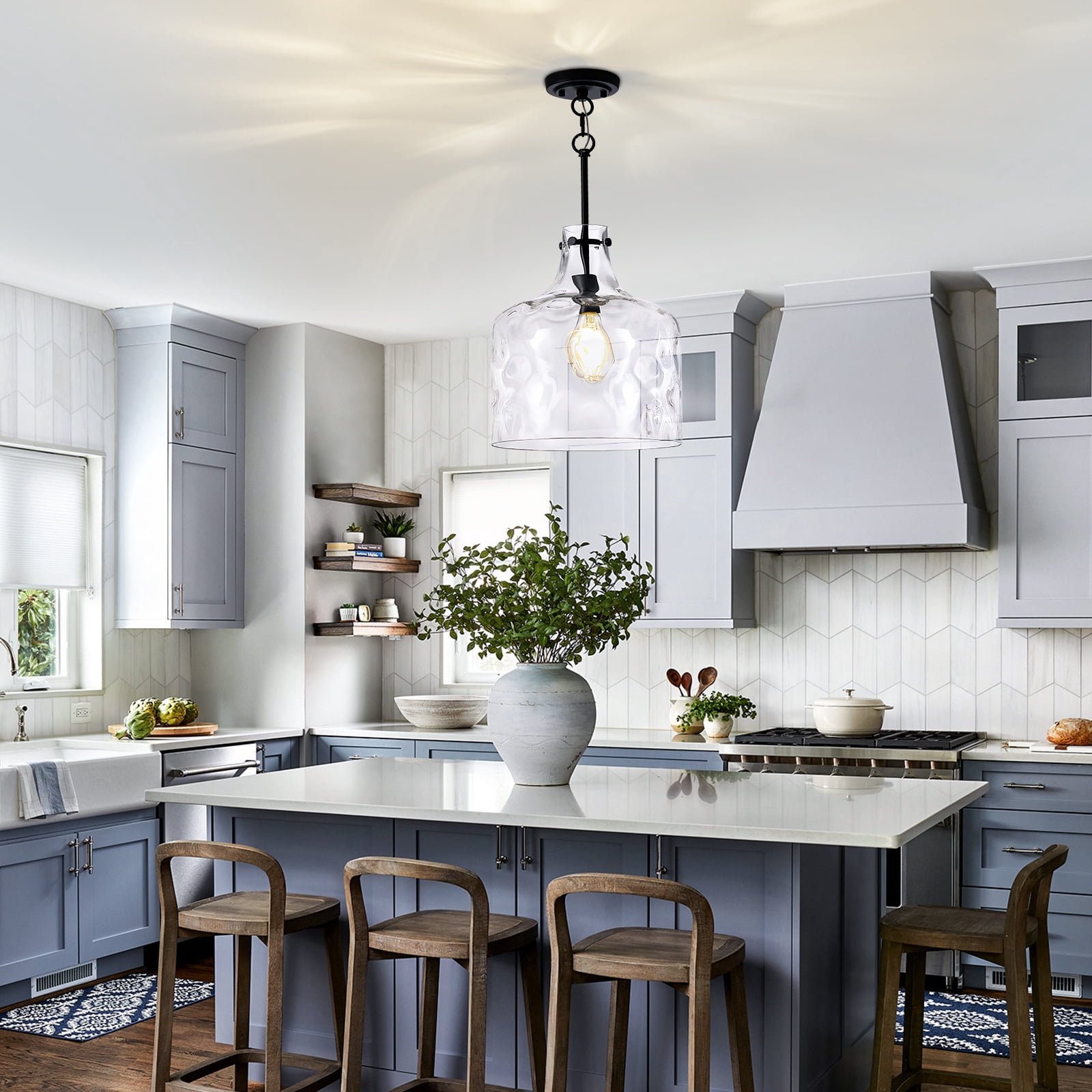 Extra Large 16" Vintage Farmhouse Pendant Light – Hand-Blown Clear Hammered Glass Shade, Adjustable Chain Hanging Light for Kitchen Island, Hallway, Dining Room, Chrome
