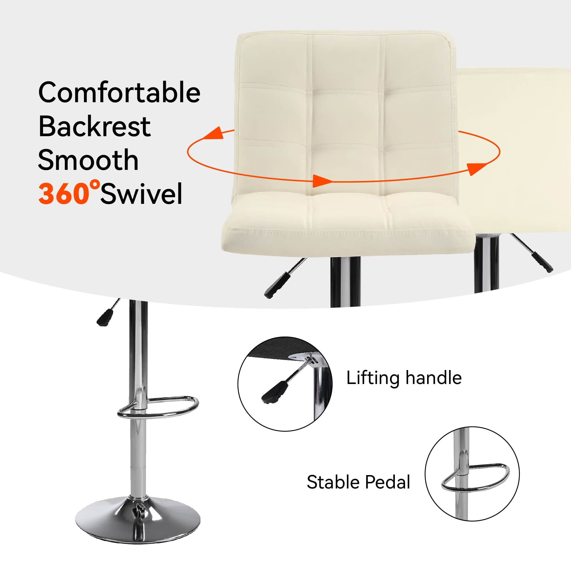 Aukfa Bar Stools Set of 2, Counter Height Adjustable PU Leather Swivel Bar Chairs with Back and Footrest for Kitchen and Dining Room, Beige