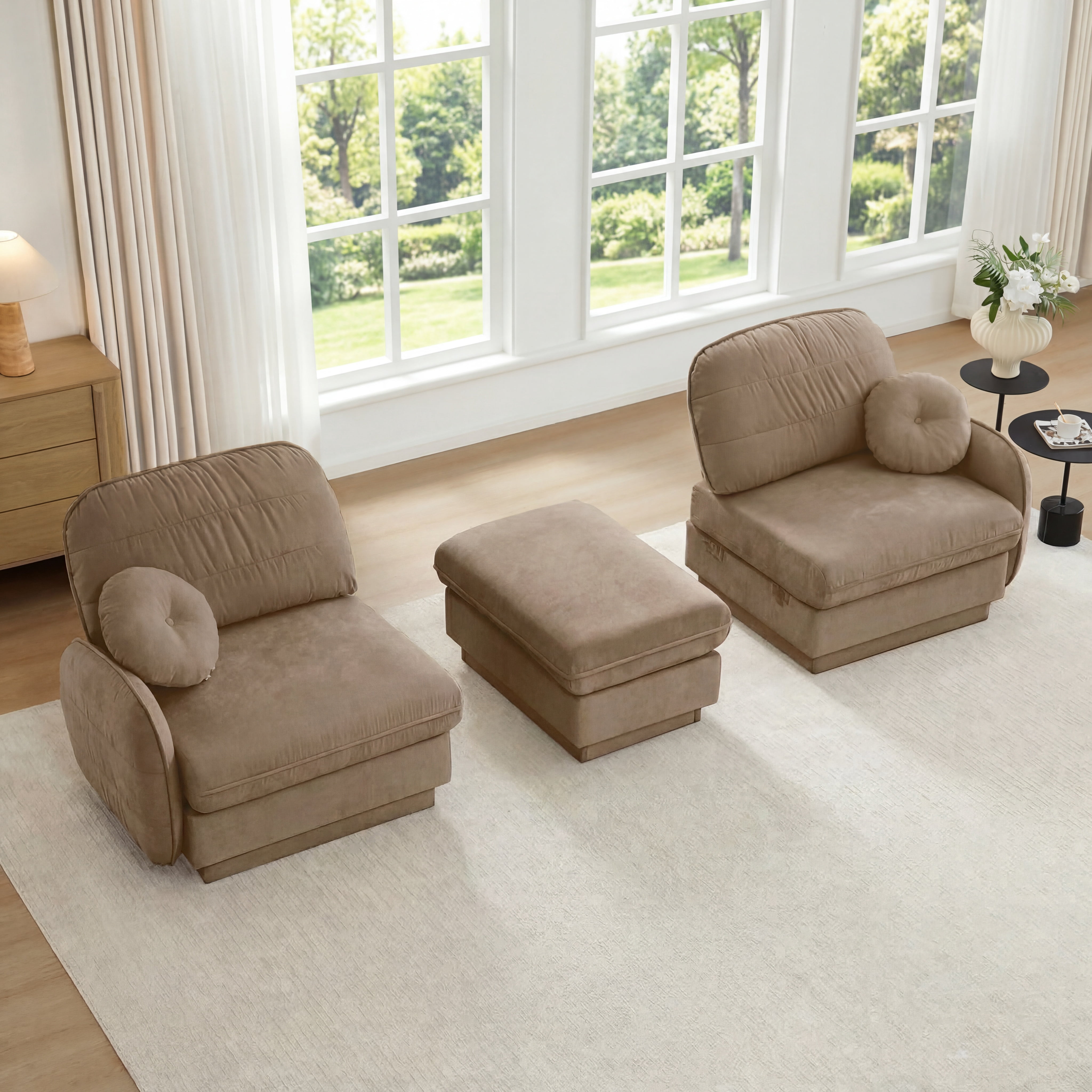 Mintazer Chenille Cloud Loveseat Sofa with Movable Ottoman and Round Pillows, L-Shaped Ergonomic Sofa Couch for Living Room, Bedroom, Light Coffee