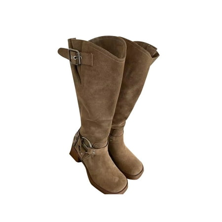 

Daeful Women Slouchy Boots Mid Calf Heeled Bootie Stacked Heel Western Boot Office Pull On Non Slip Buckle Strap Winter Shoes Camel 5