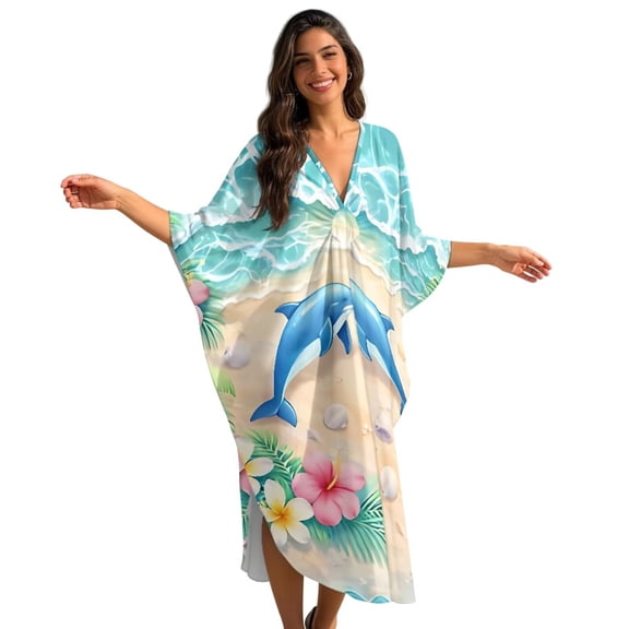 Xixirimido Beach Dolphins Hibiscus Floral Print Women’s Plus Size Beach Kaftan Dress V-Neck Batwing Sleeve Swimsuit Cover Up Flowy Caftan Dress for Pool, Cruise & Resort Wear