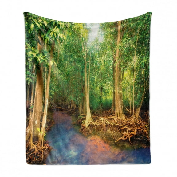 Rainforest Soft Flannel Fleece Throw Blanket, Roots of Mangrove Trees Turquoise Creek Nature Wildlife Themed Print, Cozy Plush for Indoor and Outdoor Use, 50" x 70", Green Brown, by Ambesonne
