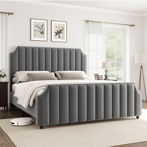 Huisuilinss Queen Bed Frame,Upholstered Platform Bed Frame,Velvet King Size Bed Frame With Nailhead Trim Headboard & Footboard,No Box Spring Needed,Noise Free,Wooden Slats