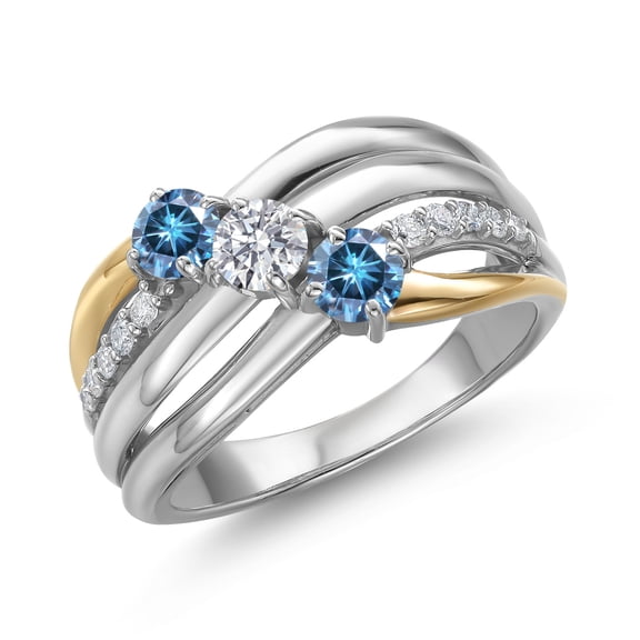 Gem Stone King 925 Silver and 10K Yellow Gold Persian Blue Moissanite and Lab Grown Diamond Engagement Ring for Women | 0.88 Cttw | Round 4MM | Birthstone | Size 5