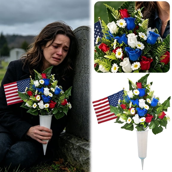 Artificial Cemetery Flowers for Grave, Realistic Grave Flowers for Cemetery UV Resistant Memorial Day Flowers Rose Flower with Vase for Cemetery Decorations