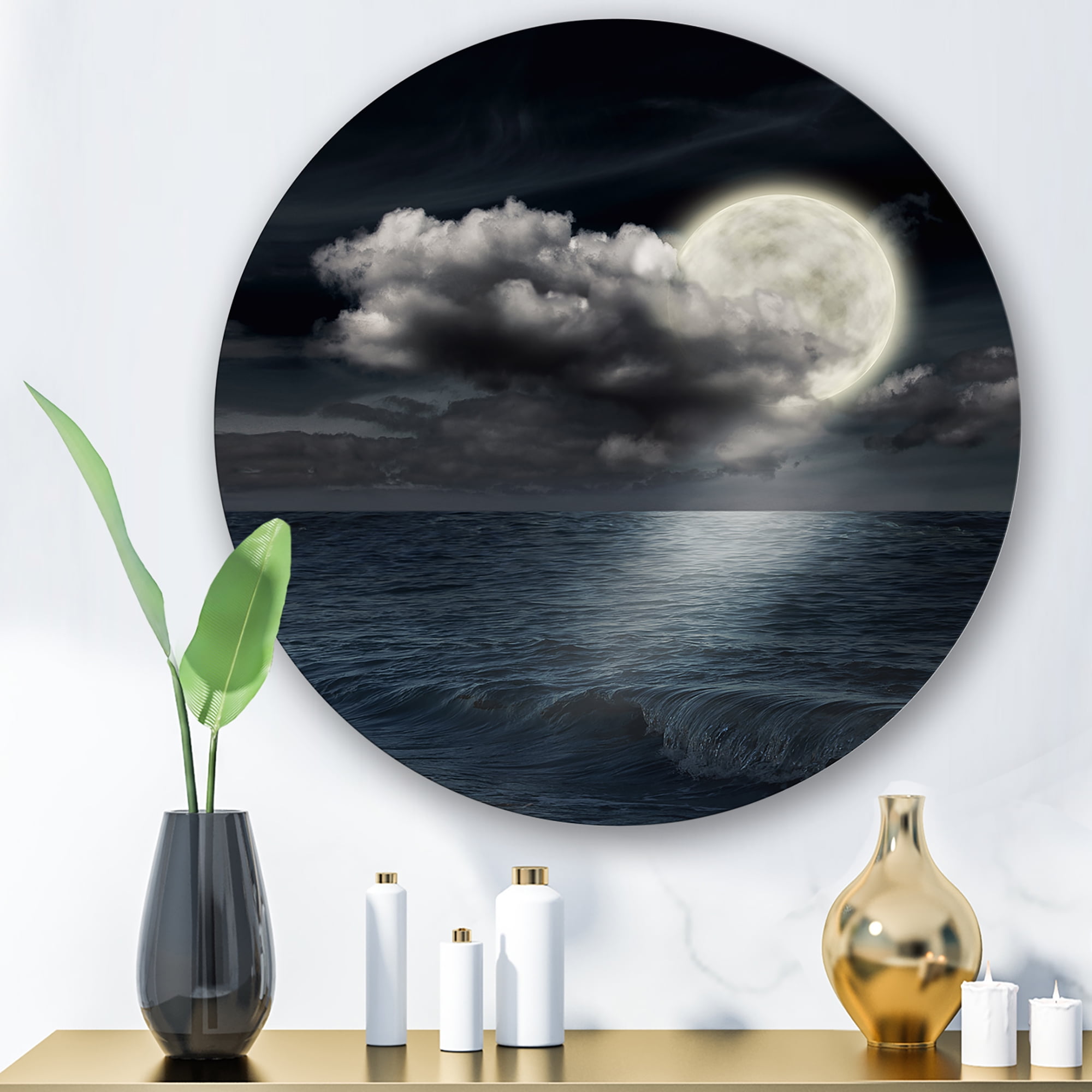 Designart 'Full Moon Night in Cloudy Sky VI' Nautical & Coastal Circle Metal Wall Art 11x11 - Disc of 11
