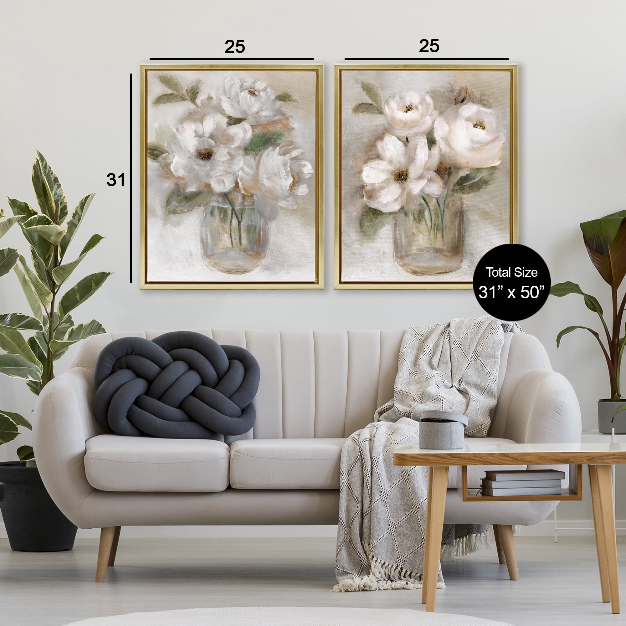 Stupell Industries Brushed White & Beige Roses 2 Piece Gold Framed Floater Canvas Set, design by Nan
