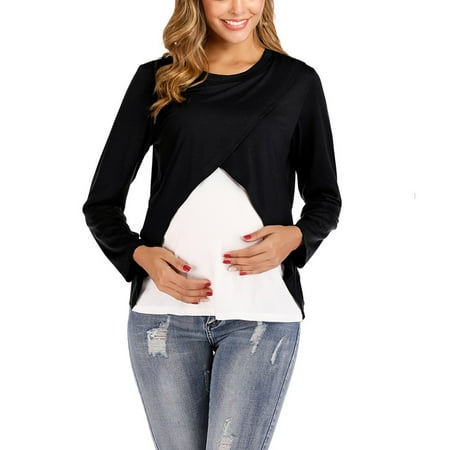 

Juebong Maternity Nursing Tops Long Rolled Sleeve Tunic Blouses Breastfeeding Clothes Crew Neck Solid Color Maternity Breastfeeding Top