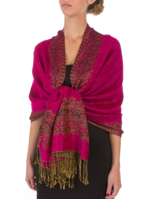 Border Pattern Layered Reversible Woven Pashmina Shawl Scarf Wrap Stole - Fuchsia - One Size