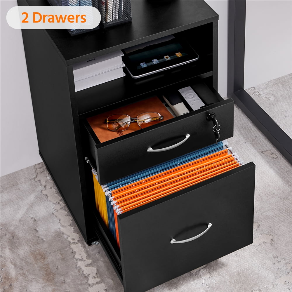 Yaheetech 2-Drawer Wooden Vintage File Cabinet with Wheels for Home and Office, Black