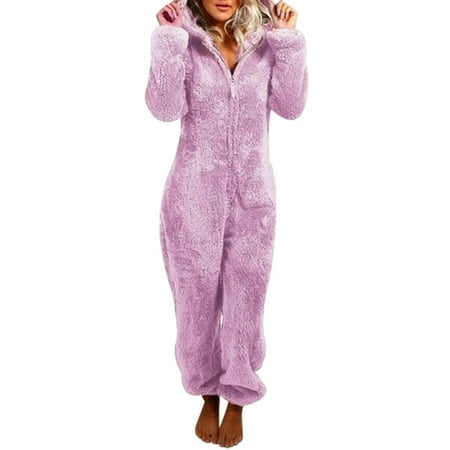 

Adorable Zipper Hooded Jumpsuit Women Fleece Pajama Long Pants Sleepwear Plush Hoodies Sleepwear 3XL Light Purple