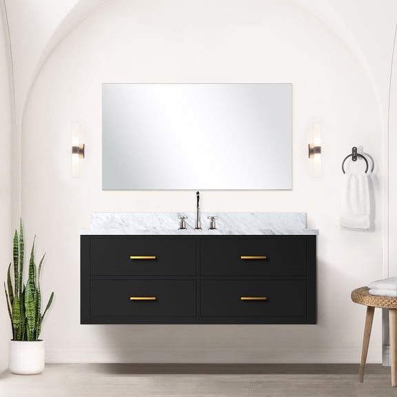 Black Bathroom Vanity With Marble Countertop And 43 In. Included Mirror - Soft Close, , Solid Wood Single Top & Wood, Panels