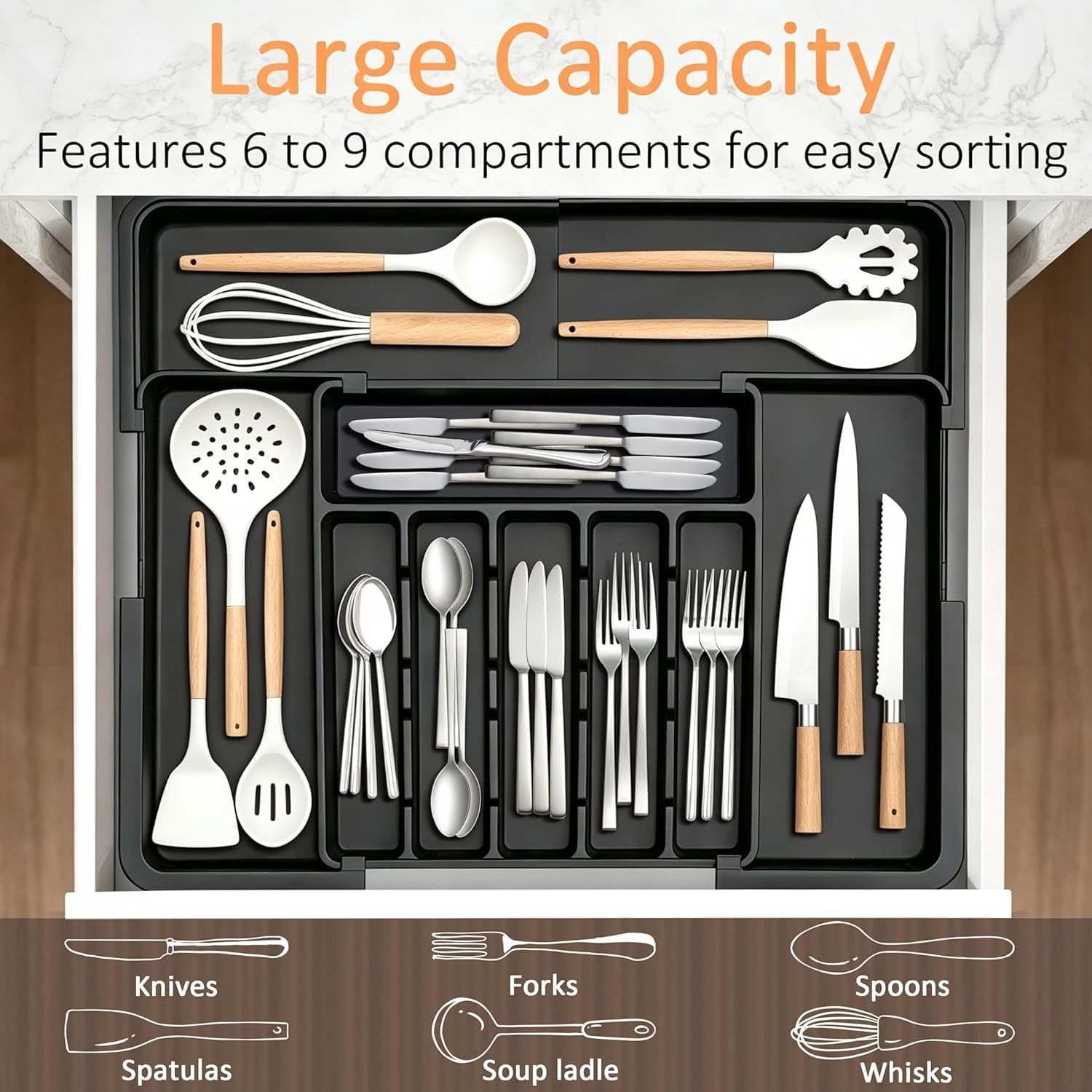 Silverware Organizer Expandable Kitchen Utensil Drawer Organizer Large BPA Free Adjustable Cutlery Silverware Tray for Spoons Forks Knives Storage Divider for Kitchen Flatware 6-9 Slots Black