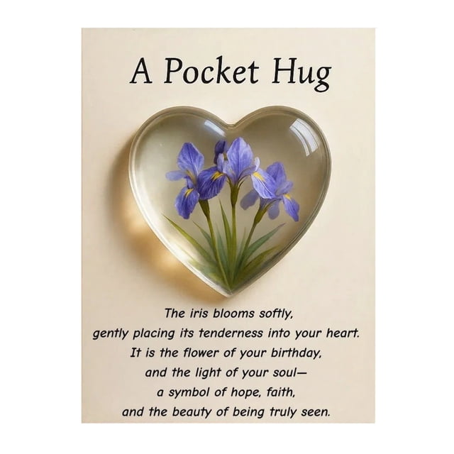 Abrazo de bolsillo con flor de nacimiento y poemas de aliento curativo. Recuerdo de corazón transparente con flor de nacimiento, regalo sentimental portátil.