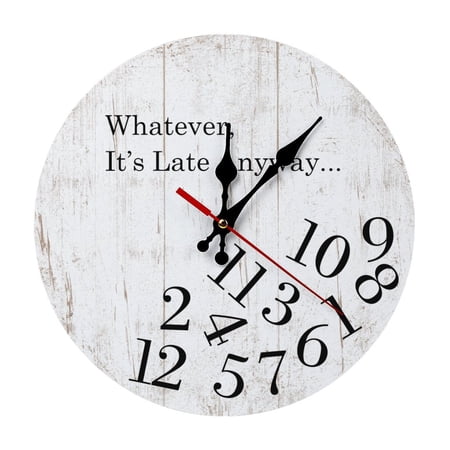 White Whatever I'm Late Anyway 5mm Thick Solid Wood Wall Clock, Quiet Quartz Movement Easy Install Hanging Clock