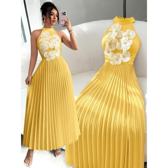 Butter Yellow Womens Halter Neck Pleated Maxi Dress With 3D Floral Embellishments