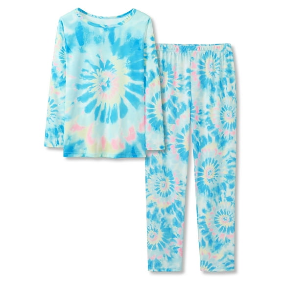 Tebbis Trendy Tie Dye Blue Swirl Pajamas for Girls 2-Piece Soft Long Sleeve & Pants PJ Set Jammies Size 10