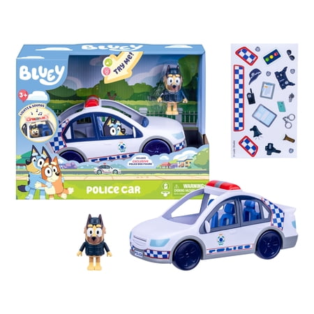 Bluey Police Car with Flashing Lights & Sounds, Policeman Figure, and Themed Sticker Set, from the Special Episode "The Sign". Batteries Incl. Ages 3+