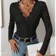 thumbnail image 5 of Mono de encaje con cuello en V y manga larga de color liso a la moda para mujer, top de poliéster para mujer, 5 of 7