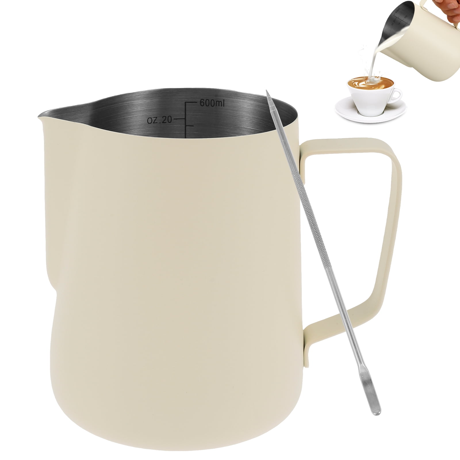 YOCZOX 600ml Stainless Steel Milk Frothing Pitcher With Latte Art Pen - 21oz Barista Jug For Cappuccino & Espresso