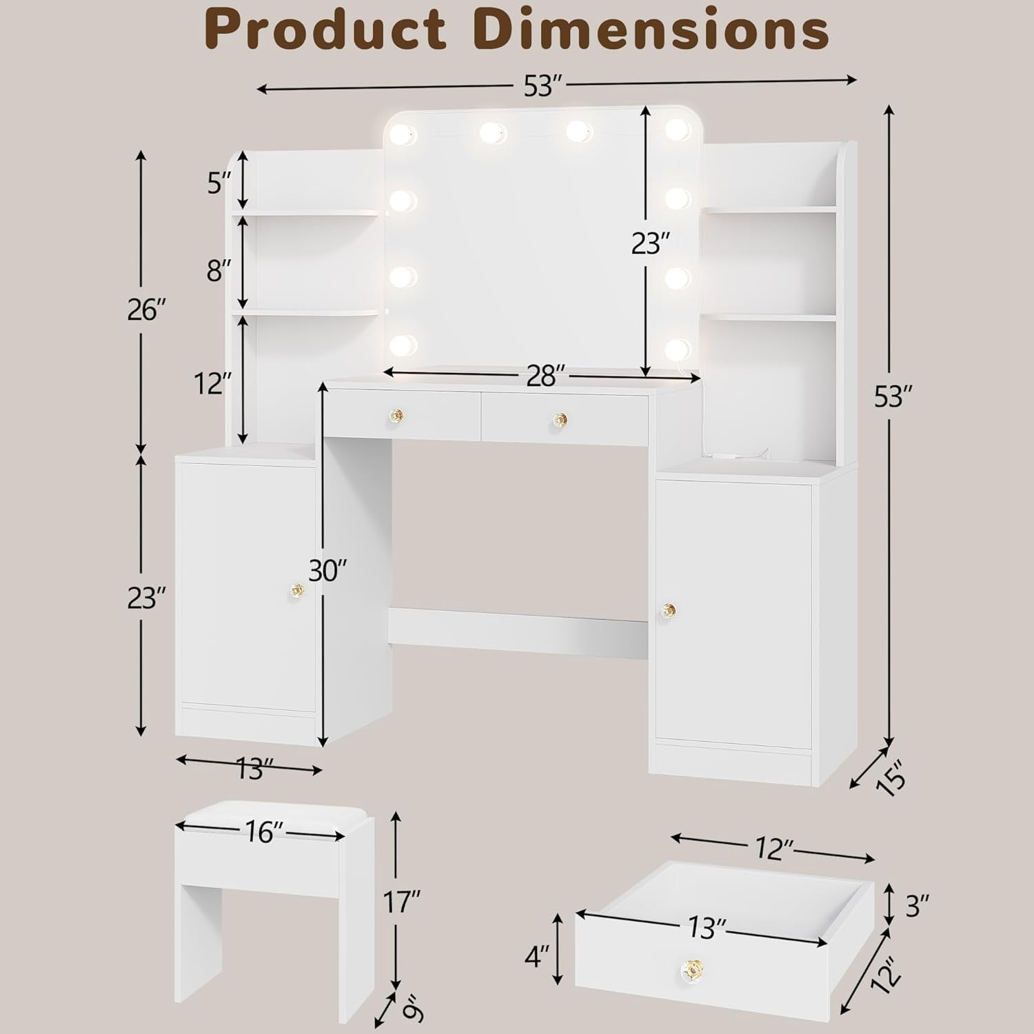 53" Makeup Vanity Set with Mirror and Lights, Pipleo Big White Makeup Vanity Desk with Chair and Power Outlet, 3 Color Lighting Modes & Adjustable Brightness for Bedroom