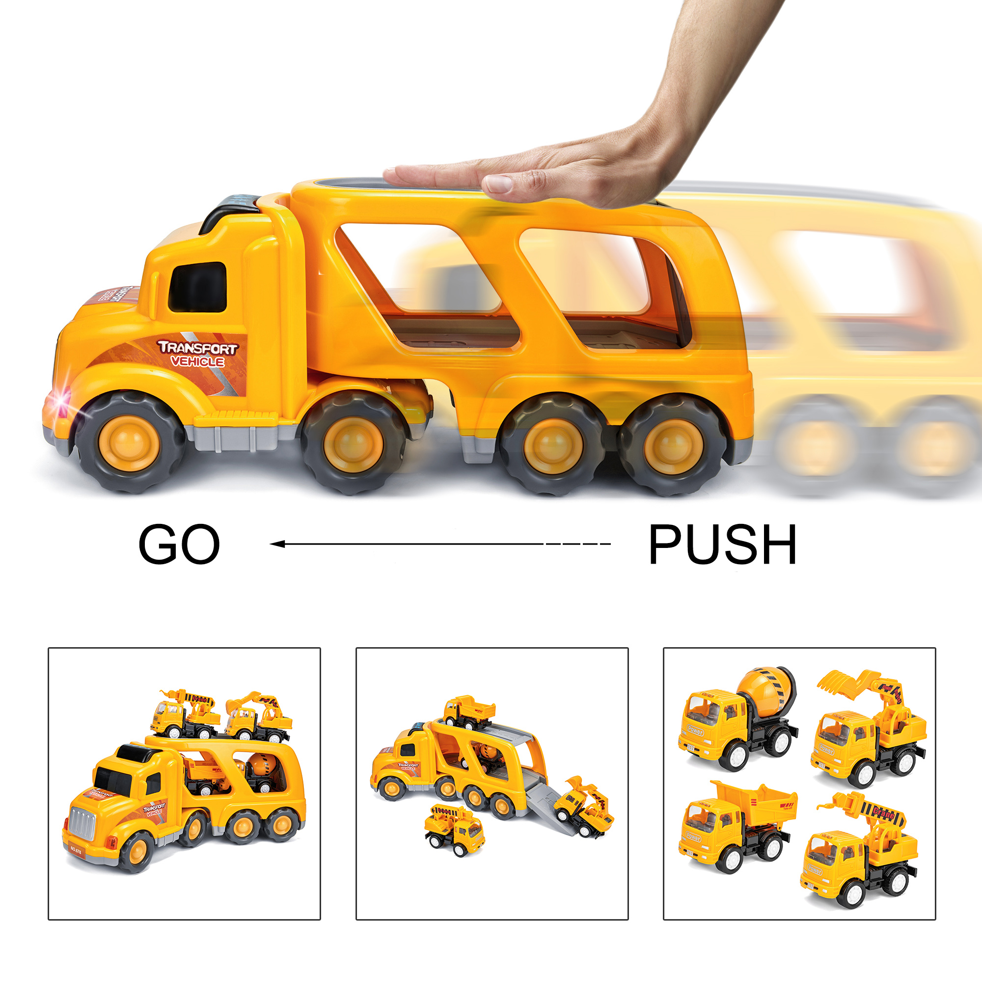 DODOING 5 in 1 Construction Truck Toys Vehicles Set,Transport Truck Carrier Toy with Excavator Mixer Crane Dump, Real Siren Brake Sounds & Lights, Removable Engineering Vehicle Parts - image 3 of 7