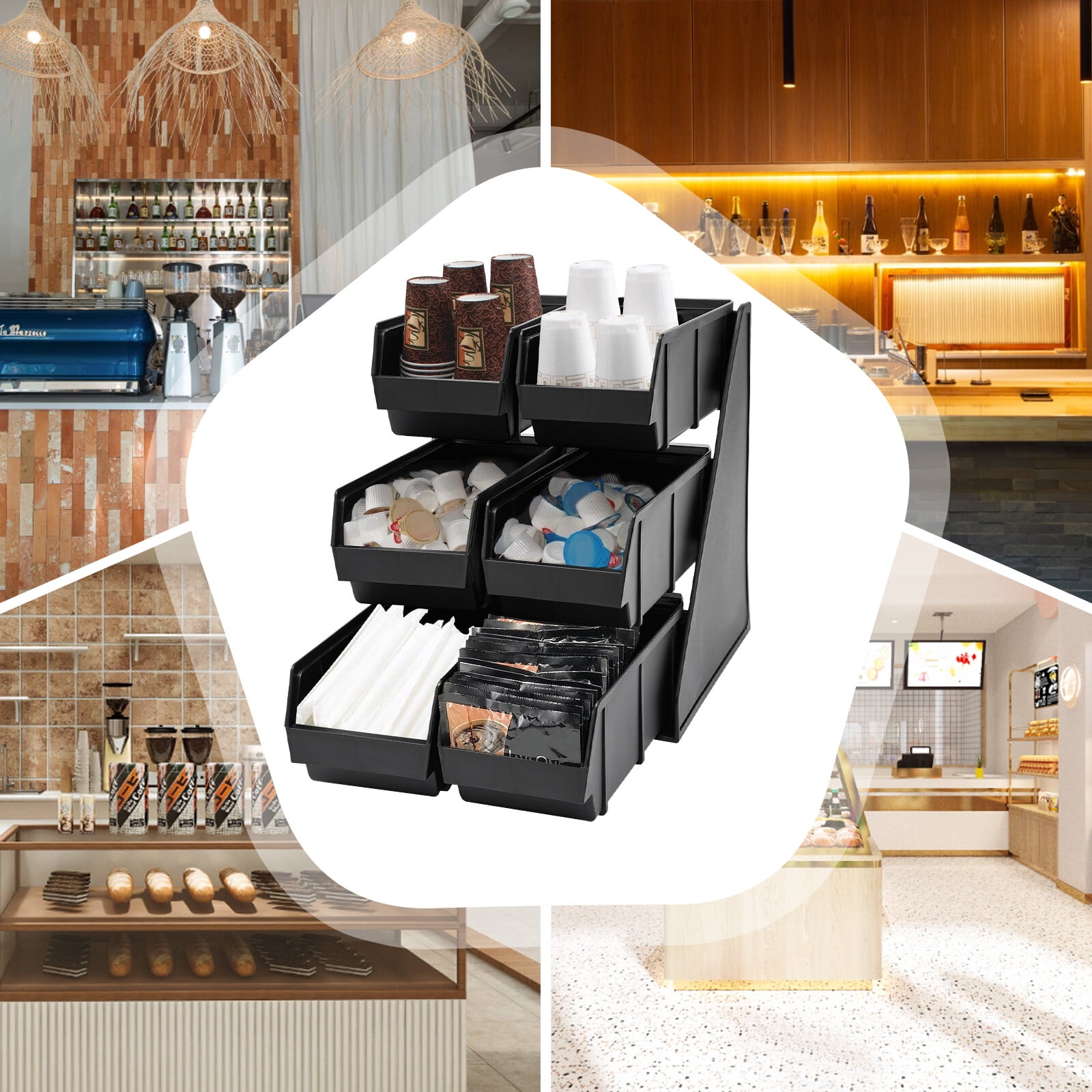 6 Compartment Serve Condiment Bin, 3-Tier Self Serve Condiment Bin Stand, Plastic Containers Storage Bins, Countertop Condiment Organizer for Coffee Shops Restaurants Bars