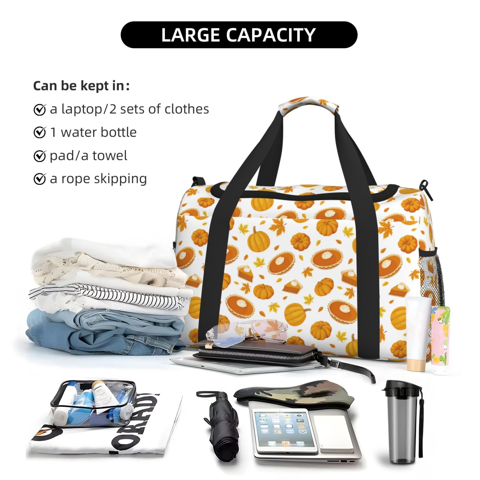 Fuzoiu Pumpkin Maple Leaves Print Travel Duffle Bag,Carry On Tote Bags,Duffel Bag,Sport Gym Bag, Hospital Bag for Labor and Delivery, Overnight Bag,Luggage Bag