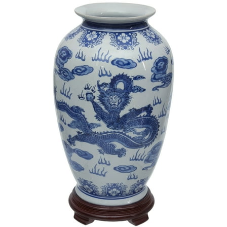 14" Dragon Blue & White Porcelain Tung Chi Vase