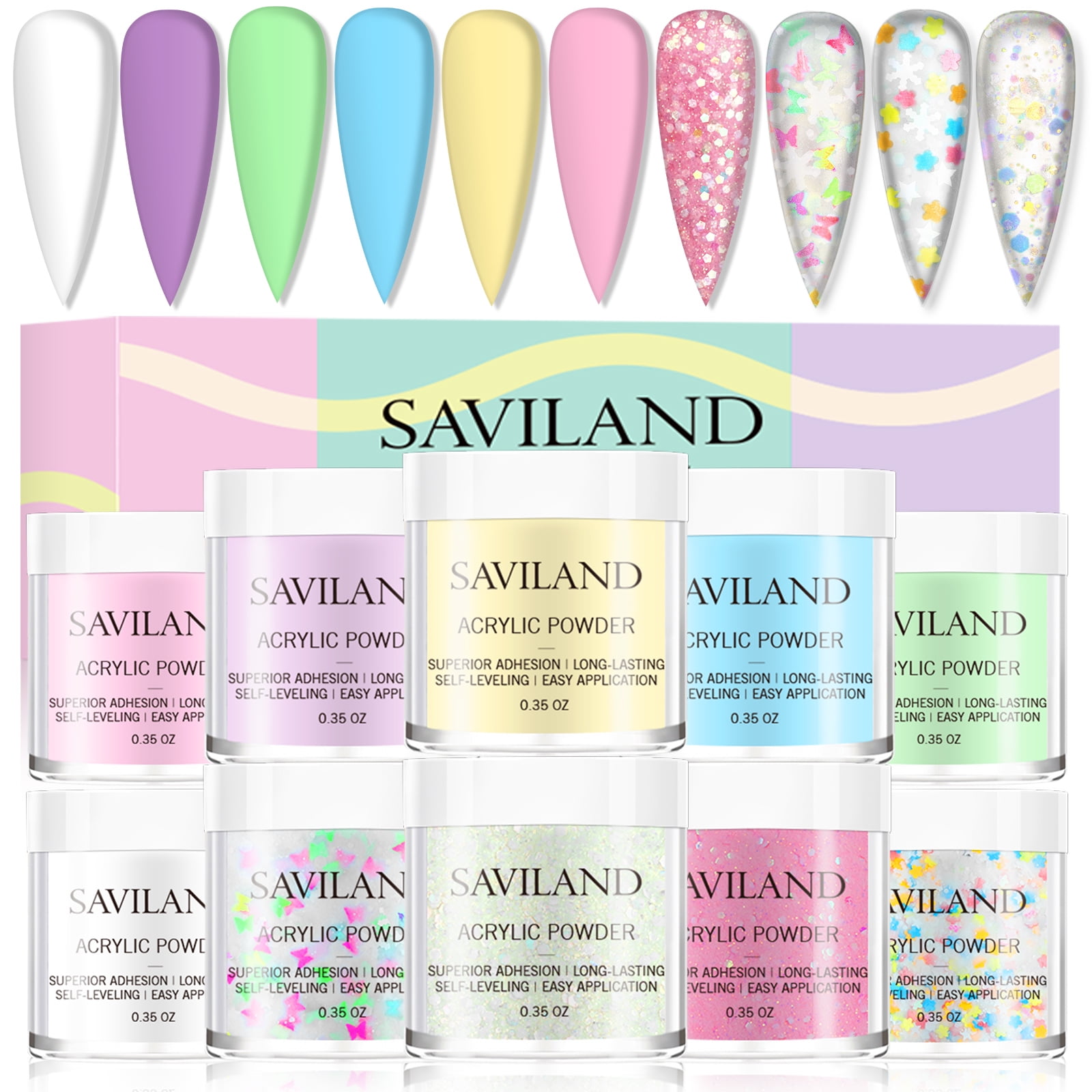 Saviland Glitter Acrylic Powder Set 10 Colors Acrylic Powder