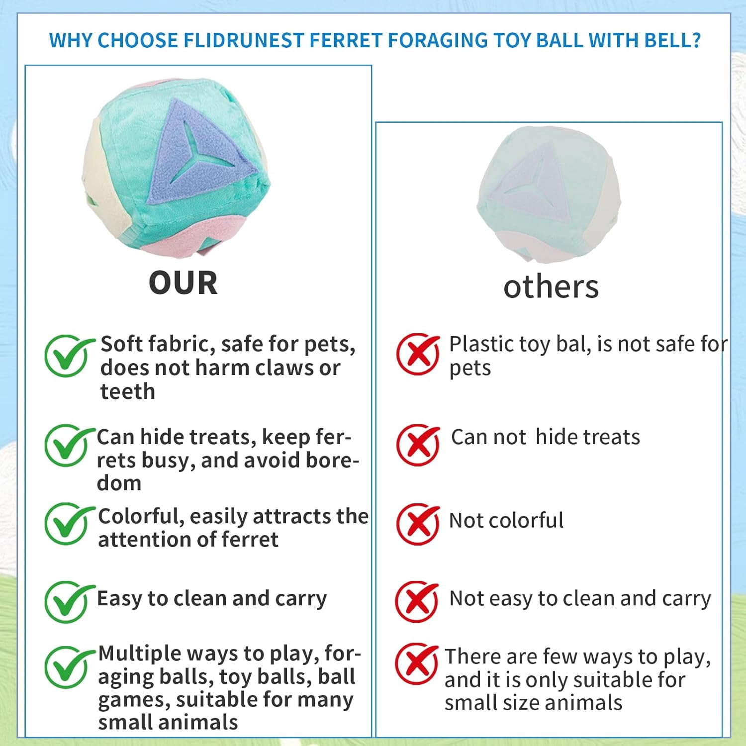 ABCISI Ferret Toy with Bell, Washable Puzzle Feed Game Ferret Foraging Ball Toy for Boredom, Snuffle Ball Treat Dispenser Exercise Ferret Enrichment Toys for Cage, Toys for Ferrets, Hedgehog, Rat