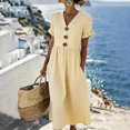 thumbnail image 2 of Women's Summer V Neck Midi Dress with Pockets, Casual Ruffle Short Sleeve Cotton Linen Texture Dress, Large Button Decor Sundress, 2 of 4