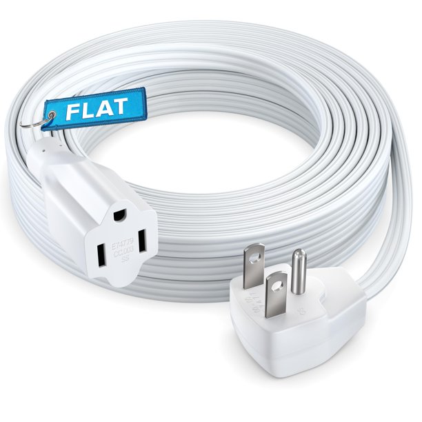 Cable De Extensión Maximm De Alta Resistencia (25 Pies), Cable Plano De 3 Clavijas, Cable De Alimentación De 14 Awg, Certificado Ul, Color Blanco, Ideal Para Uso Doméstico Y De Oficina, Electrodomésti