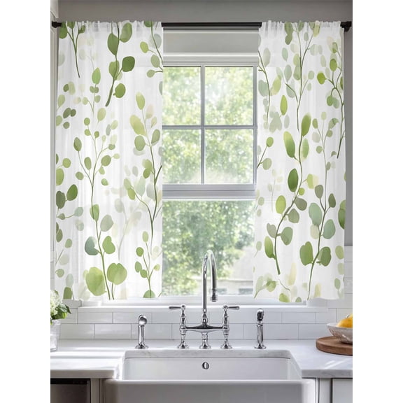 Spring Botanical Green Sheer Curtains for Living Room Bedroom Summer Leaf Watercolor Sheer Curtains 63 Inch Long 2 Panels Set Light Filtering Curtain Window Treatments Drapes for Dining Room