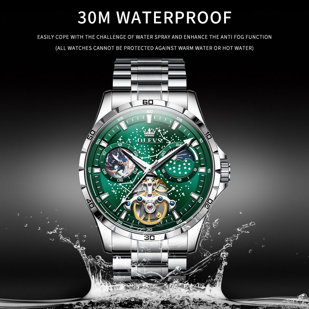 OLEVS Automatic Watches for Mens Starry Sky Skeleton Tourbillon Self Winding Mechanical Moon Phase Luminous Waterproof Luxury Dress Mens Wrist Watches Gifts Reloj Para Hombre Black/Blue/Green